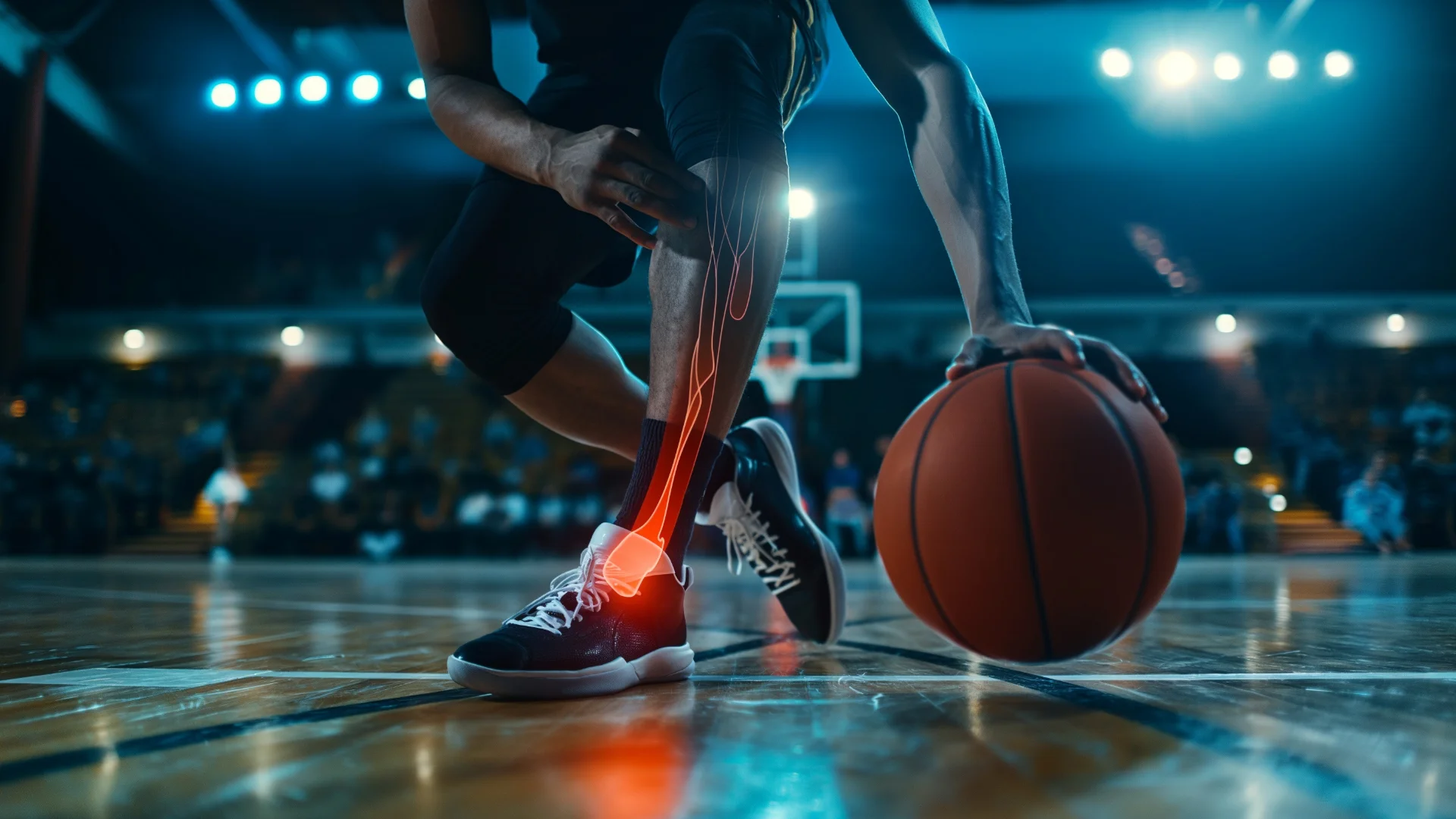Jugador de baloncesto sujetándose el tobillo tras sufrir un esguince en la recepción de un salto