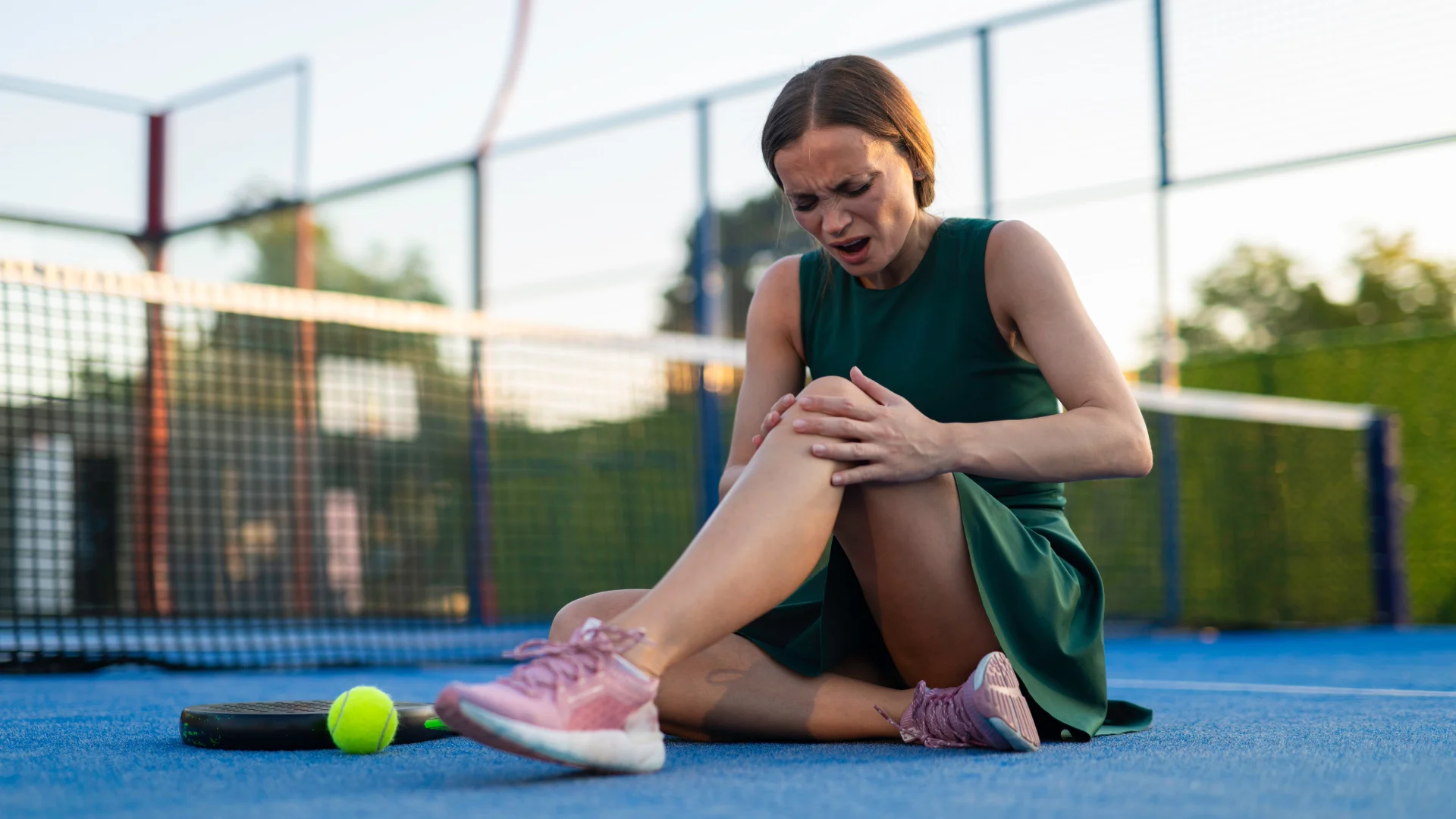 Deportista sujetándose la rodilla con gesto de dolor tras una torsión, mecanismo típico de lesión de menisco