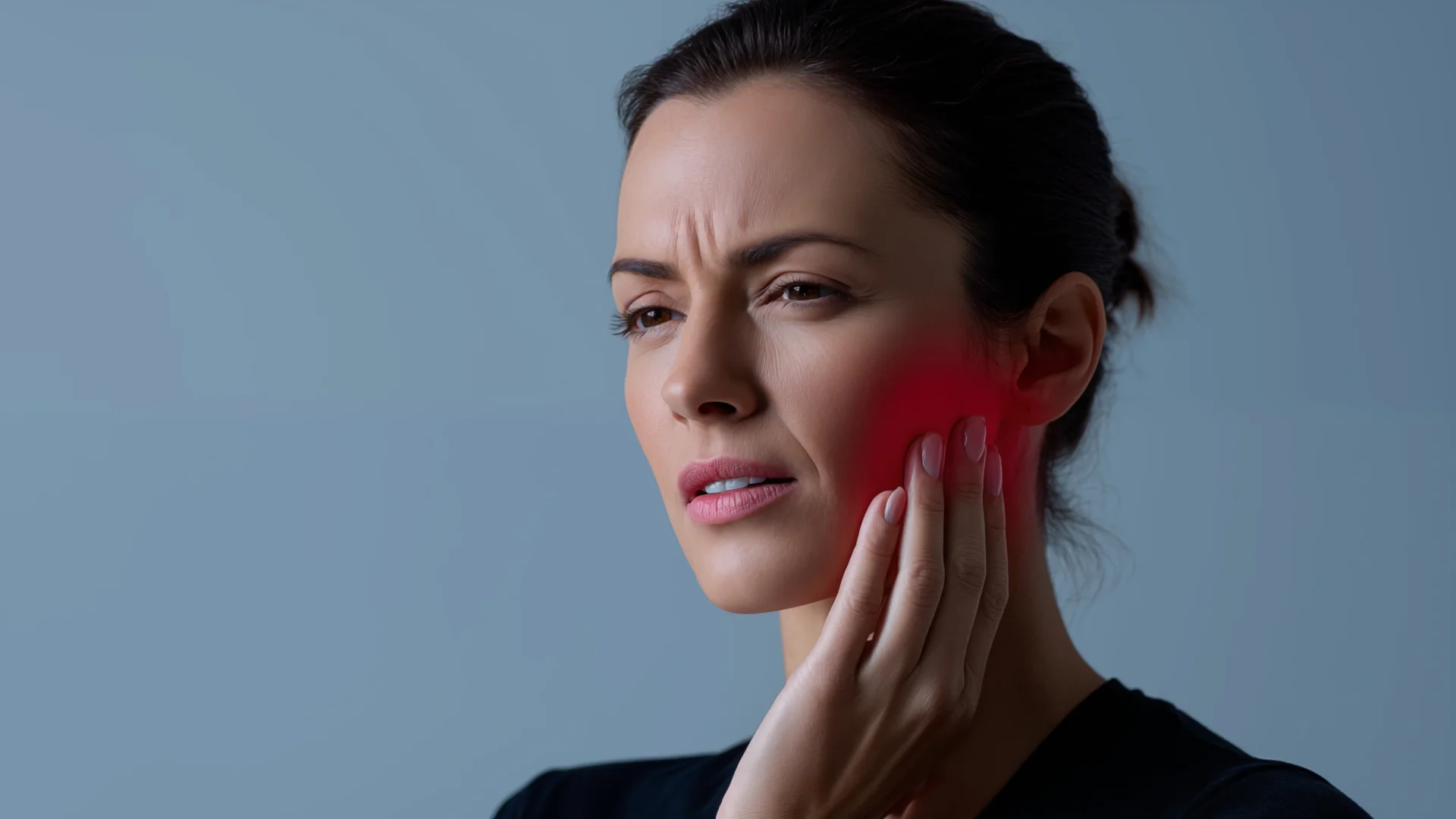 Mujer con dolor mandibular y tensión en la articulación temporomandibular ATM por bruxismo